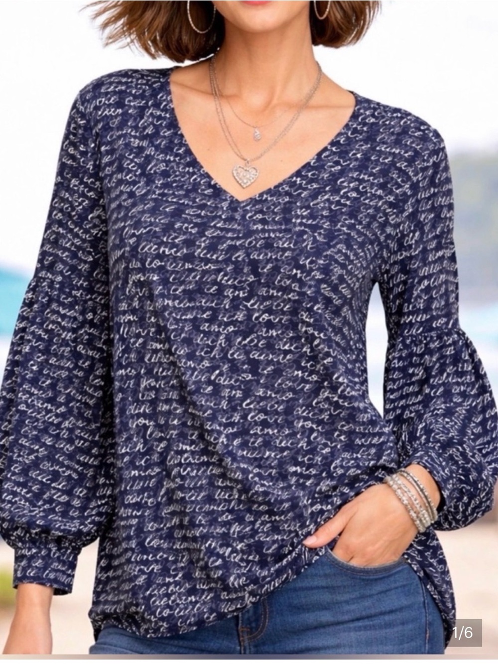 CAbi Te Amo Love Letter Language Navy and White Script V-Neck Long Sleeve Top M